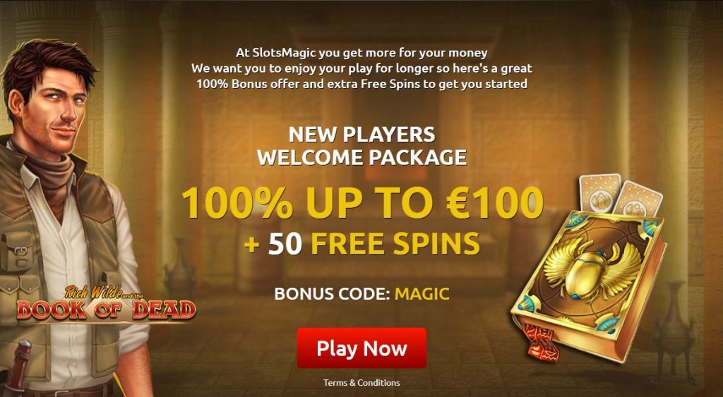 SlotsMagic casino new players welcome package, 100% up to 100 euro + 50 free spins